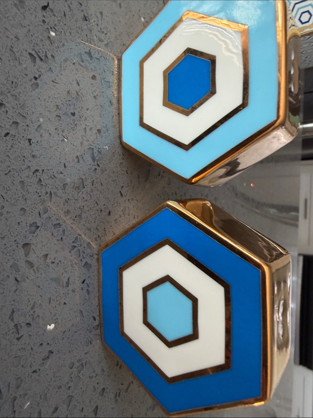 Jonathan Adler Hexagon Salt & Pepper Set - Aqua, Blue, White, Gold - Picture 3 of 4